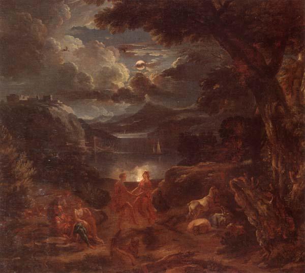 unknow artist A pastoral scene with shepherds and nymphs dancing in the moonlight by the edge of a lake China oil painting art